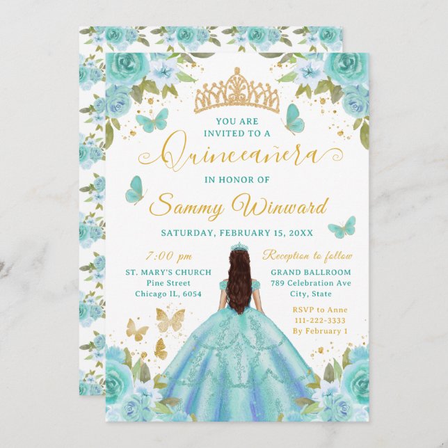Invitation Quinceañera Turquoise Princess Brunette Girl (Devant / Derrière)