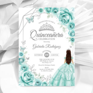 Invitation Quinceanera Turquoise Robe Argent Floral