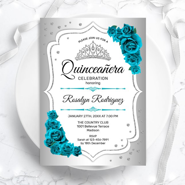 Invitation Quinceanera Turquoise royale blanche en argent (Créateur téléchargé)
