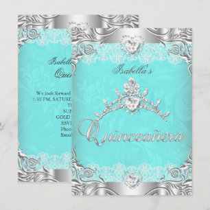Invitation Quinceanera Turquoise Silver Diamond Tiara 15ème P