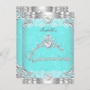 Invitation Quinceanera Turquoise Silver Diamond Tiara 15ème P