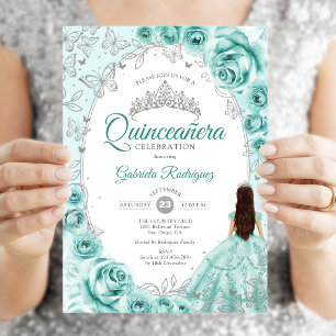 Invitation Quinceanera Turquoise Silver Floral