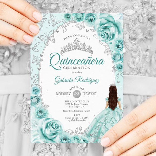 Invitation Quinceanera Turquoise Silver Floral (Créateur téléchargé)