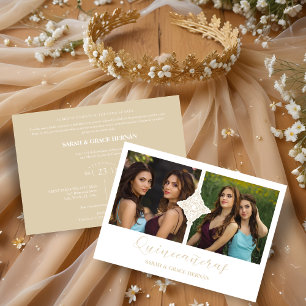 Invitation Quinceañera Twins 2 Photos Ornement Faux Golden