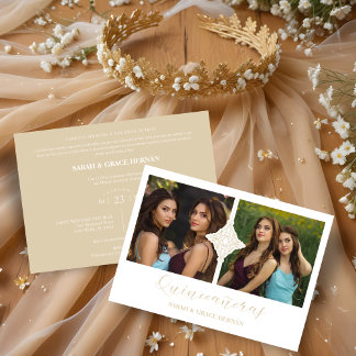 Invitation Quinceañera Twins 2 Photos Ornement Faux Golden