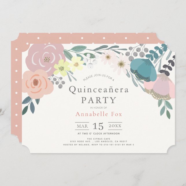Invitation Quinceañera végétale rose (Devant / Derrière)