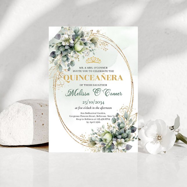 Invitation Quinceañera Vert deau Doré Aquarelle (Watercolor Greenery Gold Quinceañera Invite)