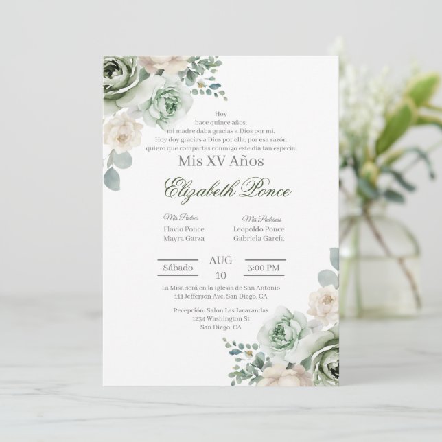 Invitation Quinceañera vert émeraude (Debout devant)