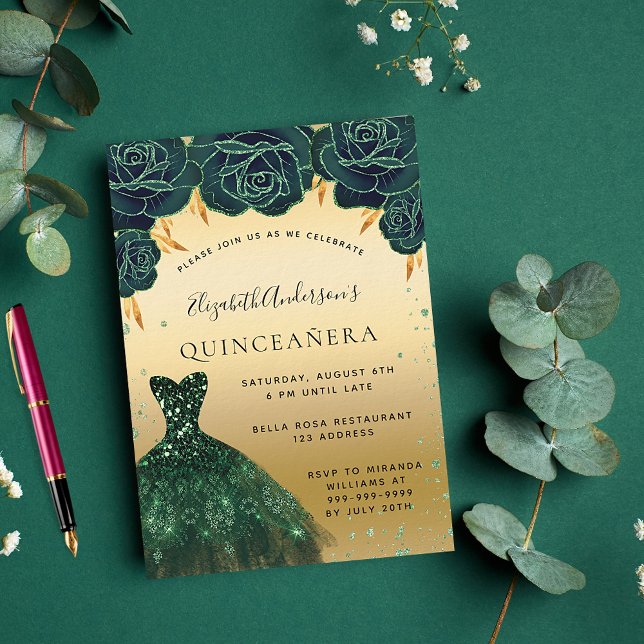 Invitation Quinceanera vert émeraude robe or vert floral (Créateur téléchargé)