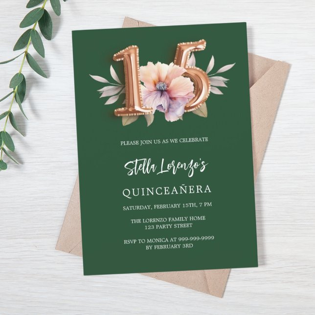 Invitation Quinceanera vert émeraude rose pêche florale (Créateur téléchargé)