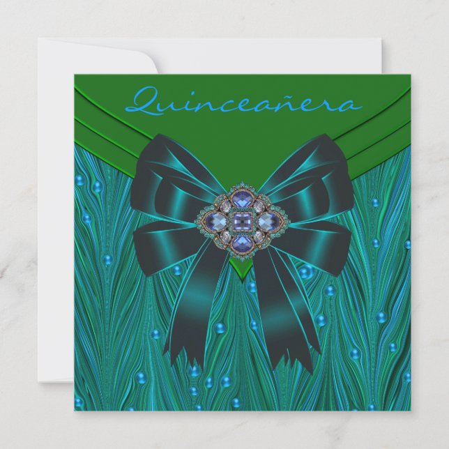 Invitation Quinceanera vert émeraude sarcelle bleu (Devant)