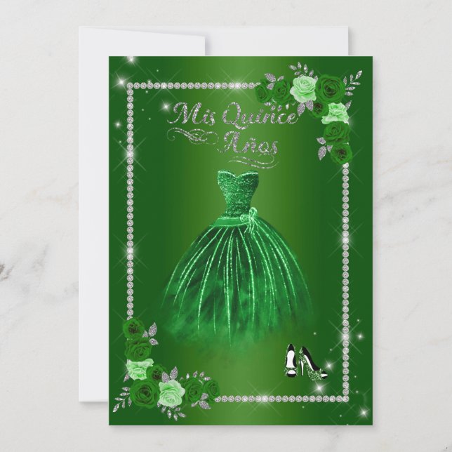 Invitation Quinceanera Vert et Argent Floral Élégant (Devant)