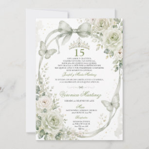 Invitation Quinceañera Vert Sauge 15 Ans Diadème Princesse