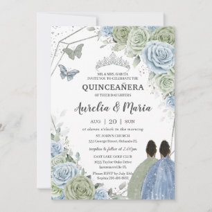 Invitation Quinceañera Vert Sauge Bleu Floral Jumelles Argent