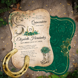 Invitation Quinceañera verte et or Rustique Horse Anniversair