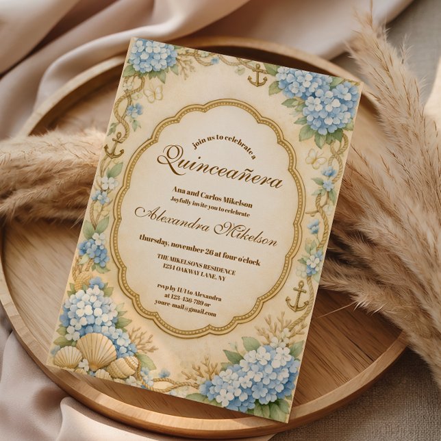 Invitation Quinceañera Vintage Côtière Hydrangea (Créateur téléchargé)