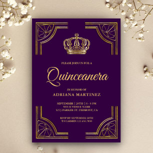 Invitation Quinceanera vintage d'or orné de couronne