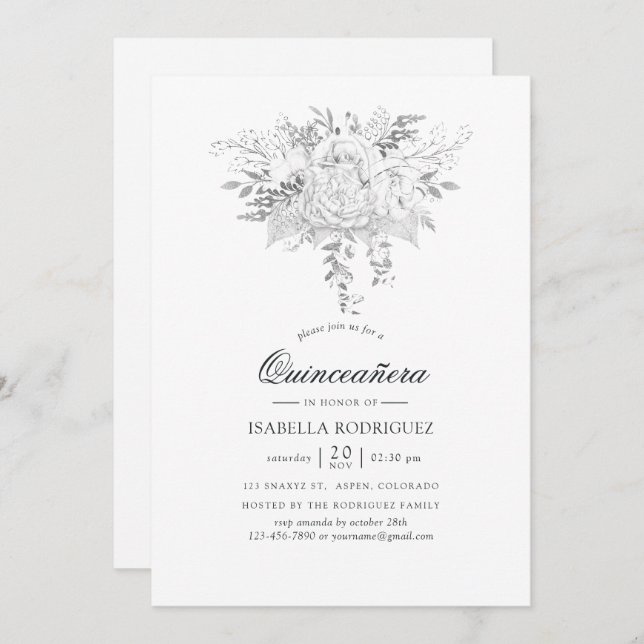 Invitation Quinceañera Vintage florale blanche et argentée (Devant / Derrière)