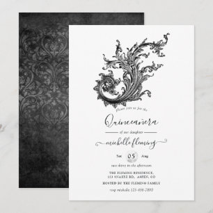 Invitation Quinceañera vintage noir et blanc