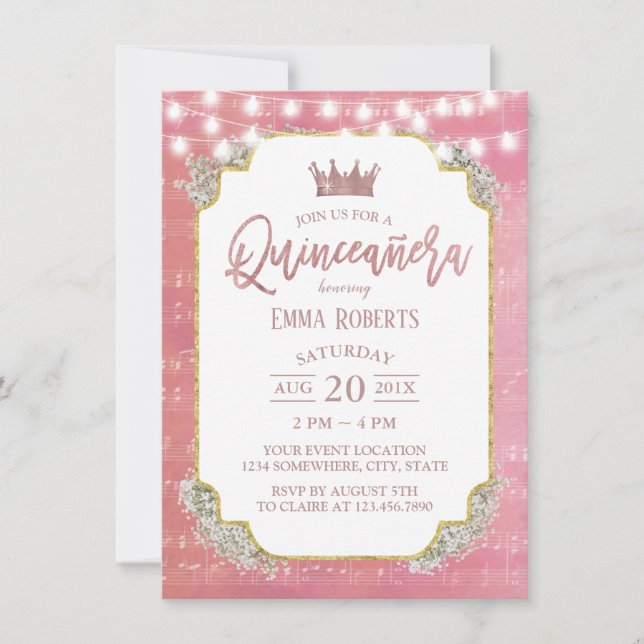 Invitation Quinceanera Vintage Pink Music 15e anniversaire (Devant)