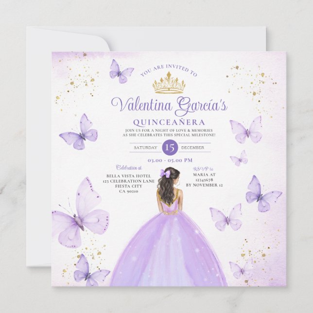 Invitation Quinceañera violet 15 Anos Butterfly Gold Parties  (Devant)