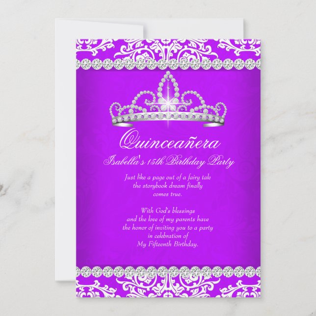 Invitation Quinceanera violet 15e anniversaire fête Tiara 2 (Devant)