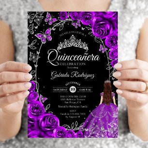 Invitation Quinceanera Violet Argent Floral