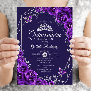 Invitation Quinceanera Violet Argent Floral