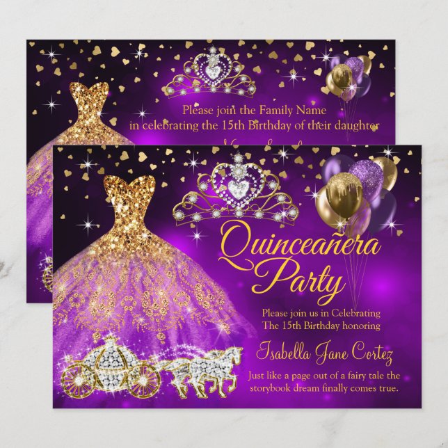 Invitation Quinceanera Violet Balloons Robe Tiara Carrie (Devant / Derrière)