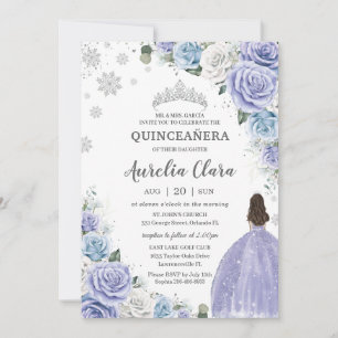 Invitation Quinceañera Violet Blanc Bleu Floral Neige d'hiver