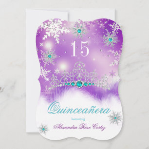 Invitation Quinceañera Violet Bleu Turquoise Perle Flocon de 