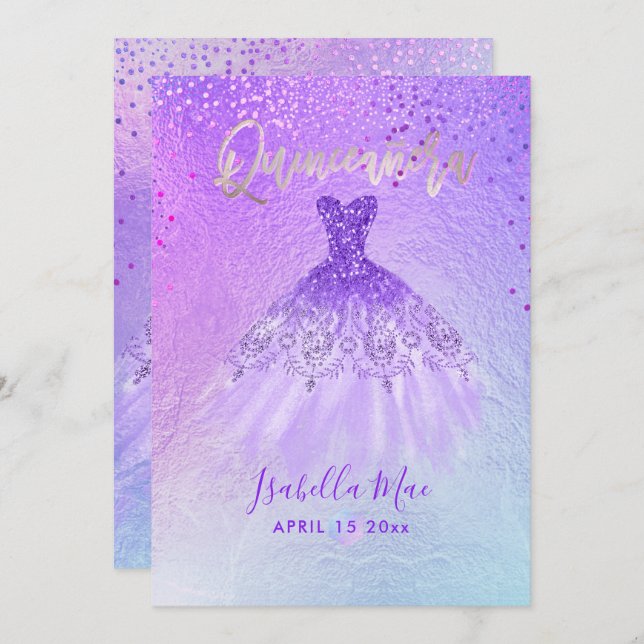 Invitation Quinceanera Violet+Blue Gown+Confetti (Devant / Derrière)