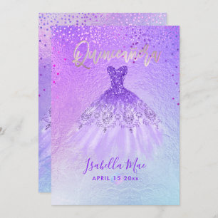 Invitation Quinceanera Violet+Blue Gown+Confetti