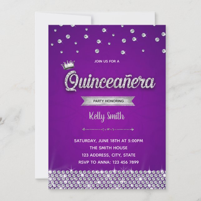 Invitation Quinceañera Violet Diamant Argent (Devant)