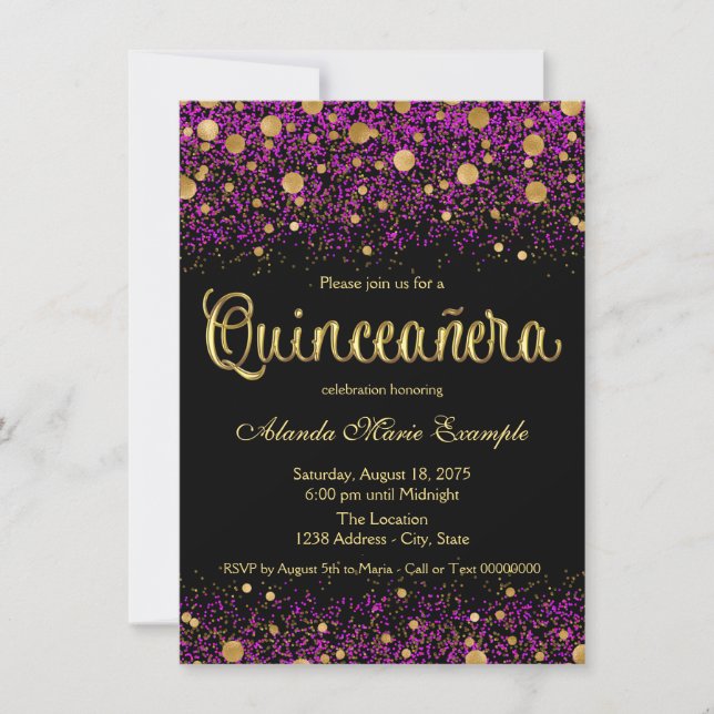 Invitation Quinceanera violet et or (Devant)