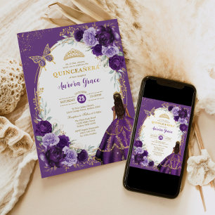 Invitation Quinceañera Violet Lilac Gold Floral Papillon