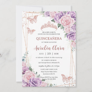 Invitation Quinceañera violet Lilac rose Floral Rose or