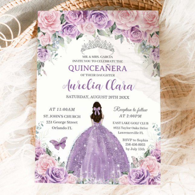Invitation Quinceañera violet Lilac rose pâle princesse flora (Créateur téléchargé)