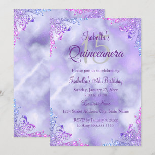 Invitation Quinceañera Violet Lilas 15ème Damassé Perle Argen