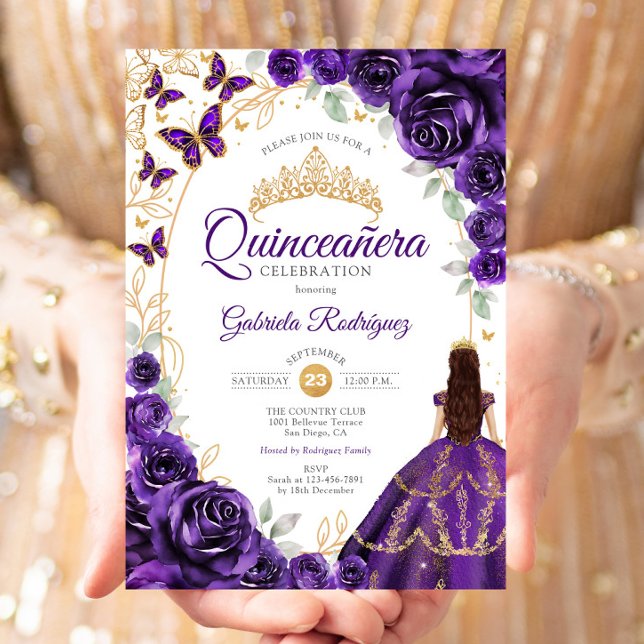 Invitation Quinceanera Violet Or Floral (Créateur téléchargé)