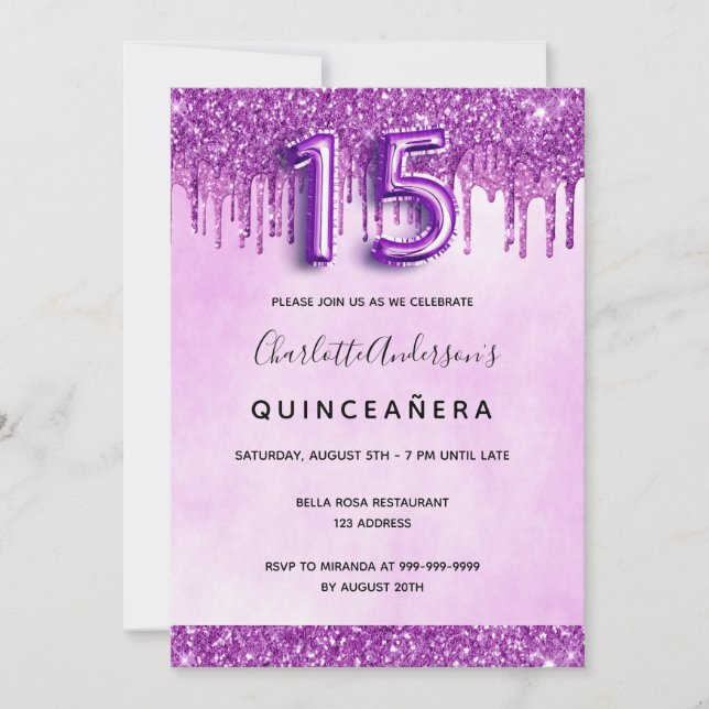 Invitation Quinceanera violet parties scintillant rose élégan (Devant)