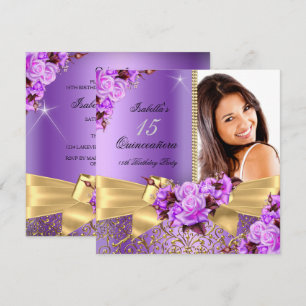 Invitation Quinceanera Violet Photo Rose Dorée 15e Anniversai