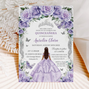 Invitation Quinceañera Violet Rose Floral Silver Princesse