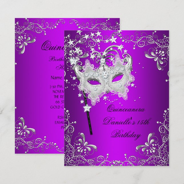 Invitation Quinceanera violette 15ème anniversaire Masquerade (Devant / Derrière)