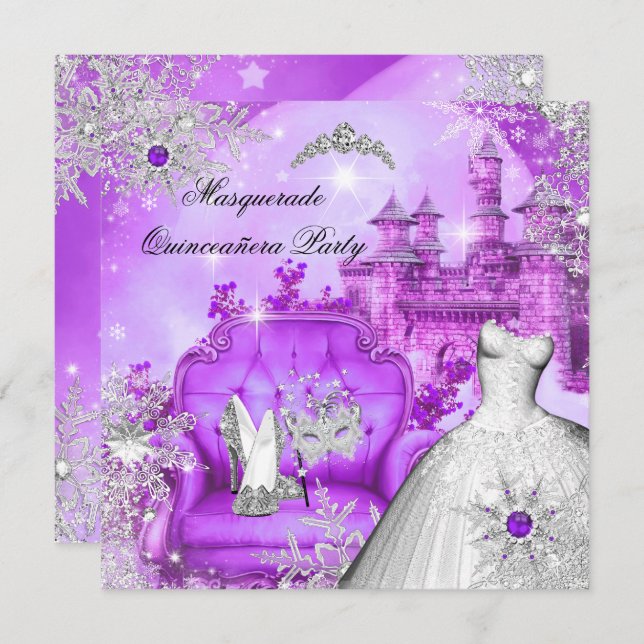 Invitation Quinceanera violette Masquerade princesse magique (Devant / Derrière)