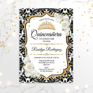 Invitation Quinceanera - White Black Damask Gold