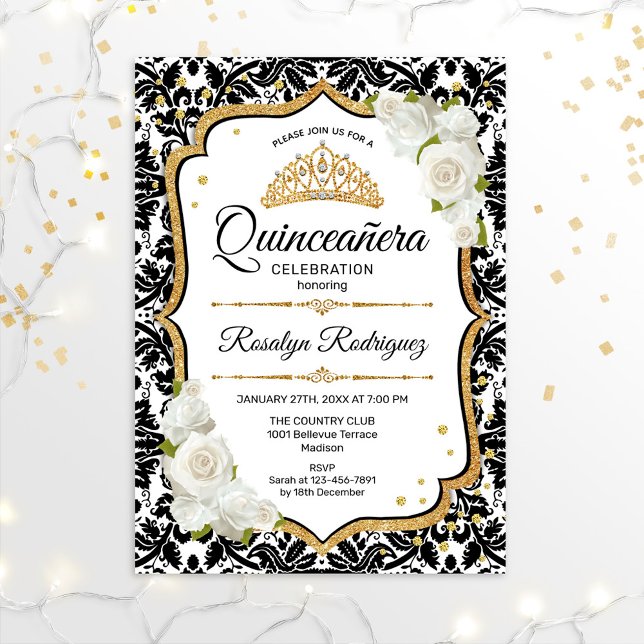 Invitation Quinceanera - White Black Damask Gold (Créateur téléchargé)