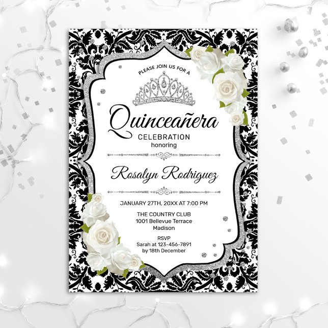 Invitation Quinceanera - White Black Damask Silver (Créateur téléchargé)