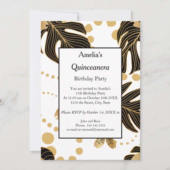 Invitation Quinceanera White Black Gold fête anniversaire (Devant)