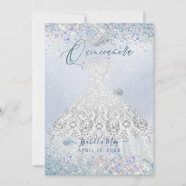 Invitation Quinceanera White Gold Dusty Blue Parties scintill (Devant)